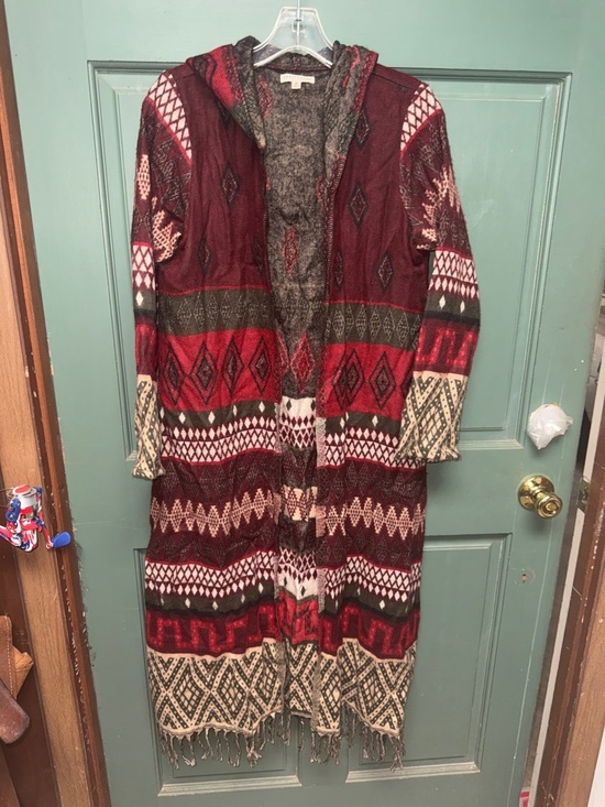 EARTHBOUND Sweaters - EARTHBOUND Maroon Multi-Pattern Hooded Long Cardigan